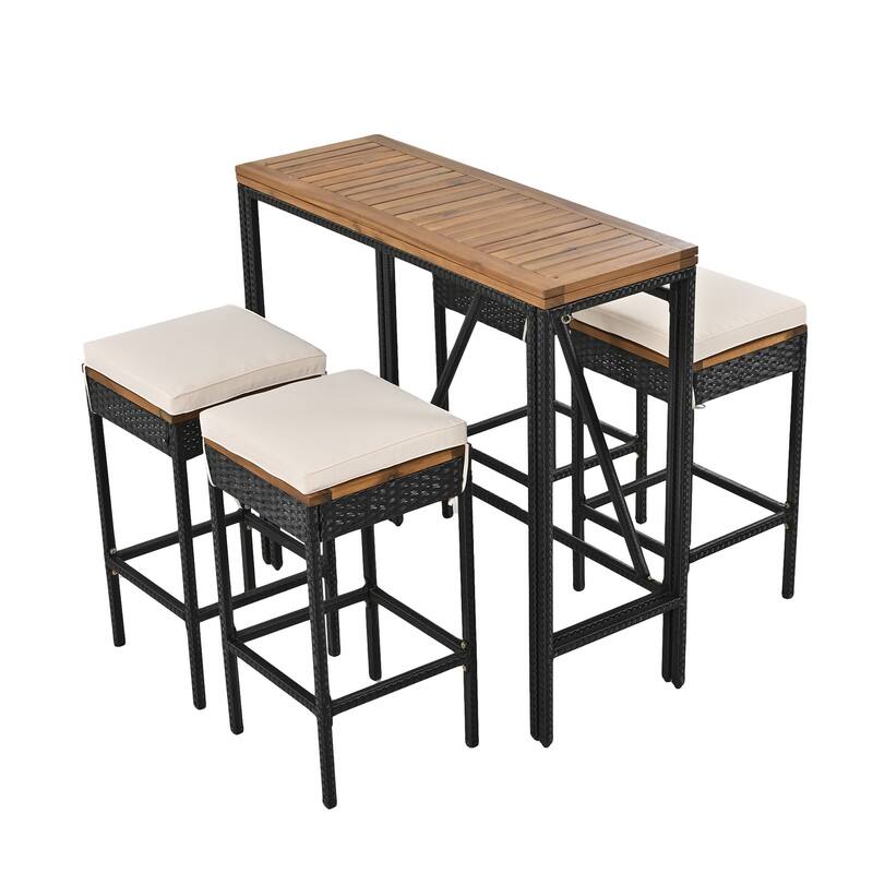 Outdoor Wood Bar Table and Stools with Cushions, Garden Wicker Dining Set
