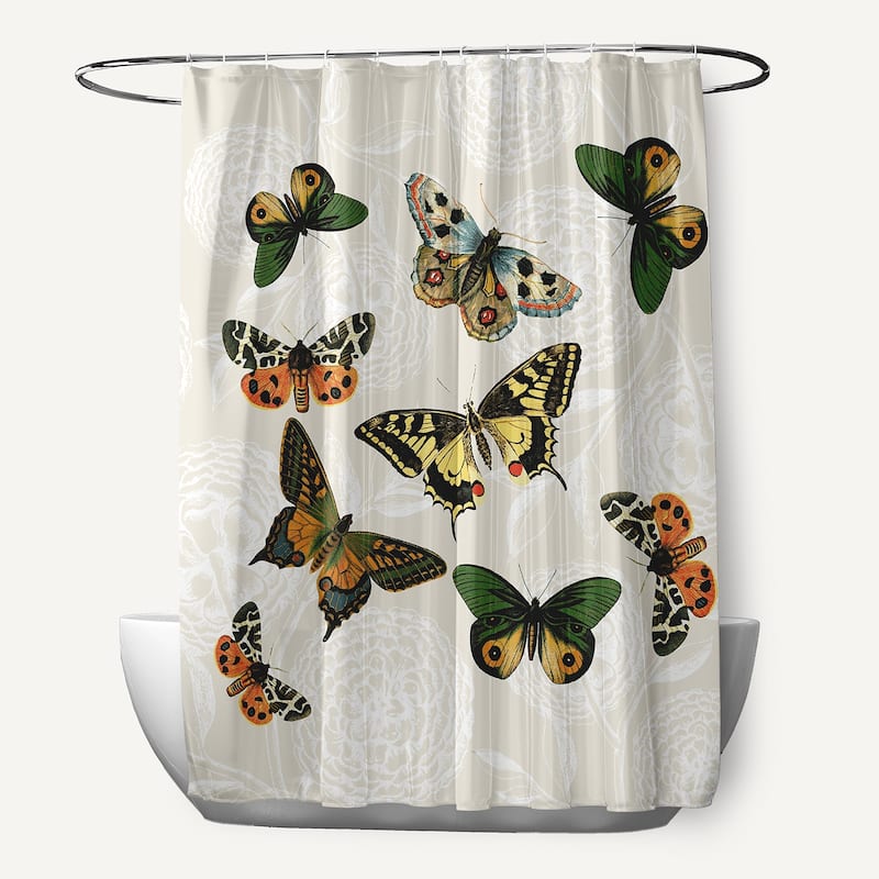 71 x 74-inch Antique Butterflies and Flowers Animal Print Print Print Shower Curtain - Ivory