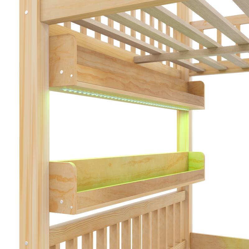 Roomfitters Full Size Wood House Loft Bed with Storage Stairs and Built-in Shelving, Modern Space-Saving Sleep Space