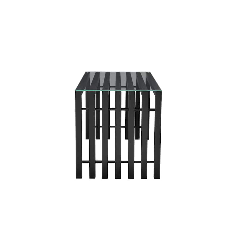Namo 55 Inch Office Desk, Tempered Glass Top, Slatted Black Metal Frame