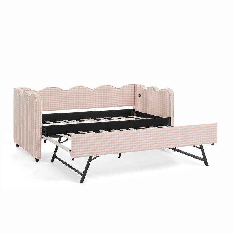 Roomfitters Gingham Daybed with Trundle, Twin Upholstered Sofa Bed with USB Port and Wave Edge Design