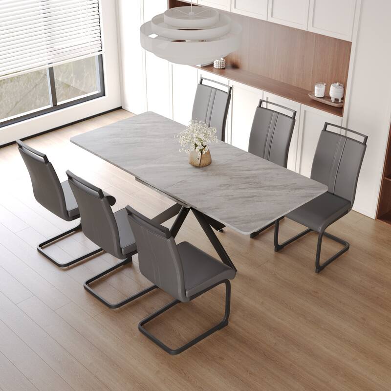 Modern Dining Set with Rectangular Extendable Table & C-shaped Tube Soft Padded Armless Chairs
