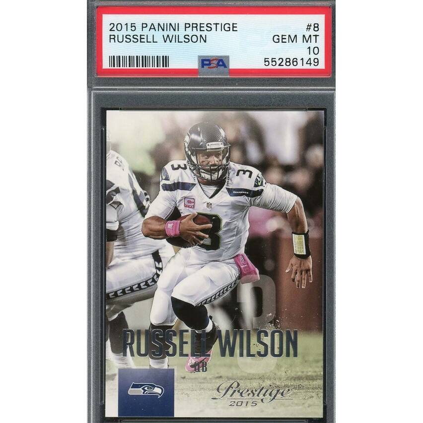 Russell Wilson 2015 Panini Prestige Football Card #8 Graded PSA 10 GEM MINT - Black - 8'6" x 11'6" - Overstock - 40997754 Russell Wilson 2015 Panini Prestige Football Card #8 Graded PSA 10 GEM MINT - Black - 8'6" x 11'6" - Overstock - 40997754