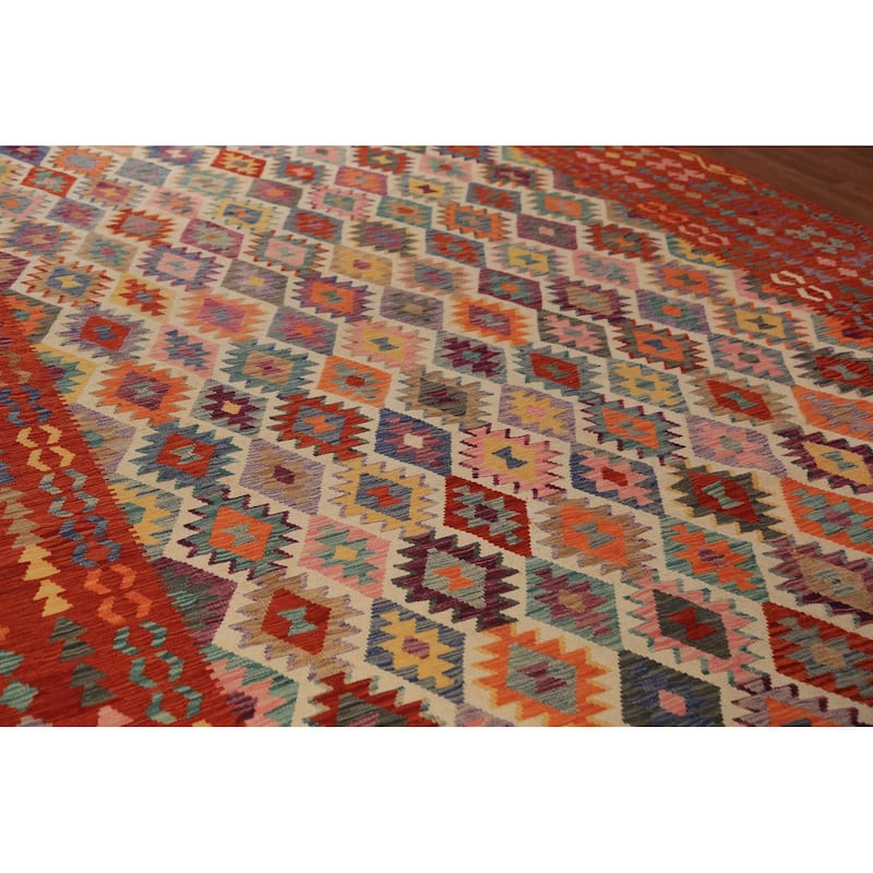 All-Over Geometric Kilim Oriental Large Rug Hand-Woven Wool Carpet - 10'5"x 16'2"