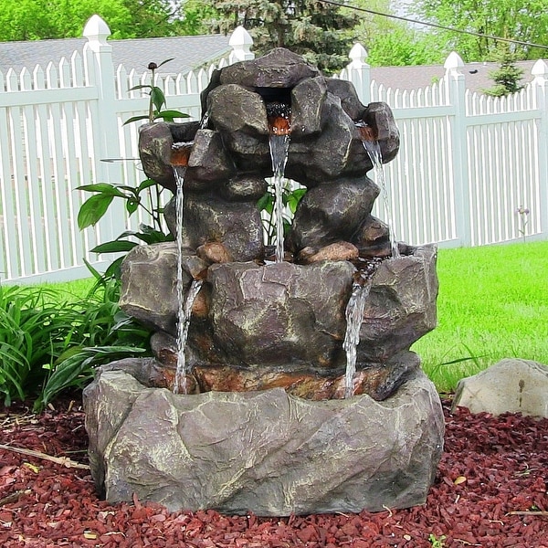 Sunnydaze Layered Rock Waterfall Outdoor Fountain with LED Lights - 32 Inch Tall
