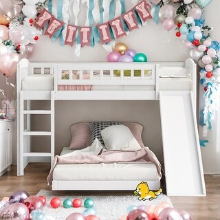 Multifunction Twin Over Twin Bunk Bed With Slide and Ladder,White