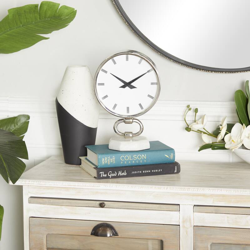 Stainless Steel Metal Decorative Clock with Marble Base - Silver - Roche River Decor