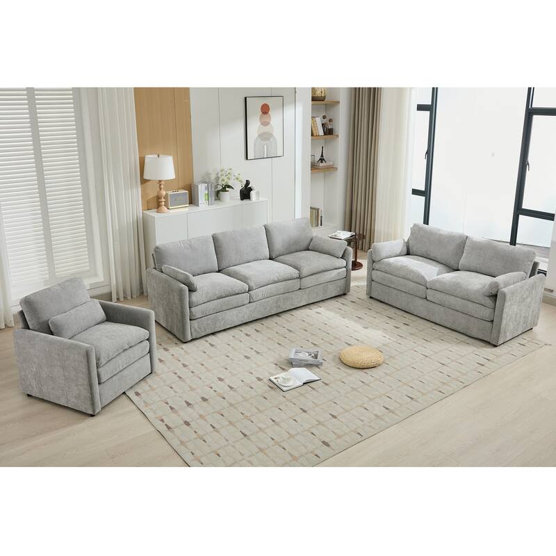 Roomfitters Cozy Cloud Upholstered Sofa Set with Armchair, Loveseat and 3-Seater, Chenille Fabric - Light Grey