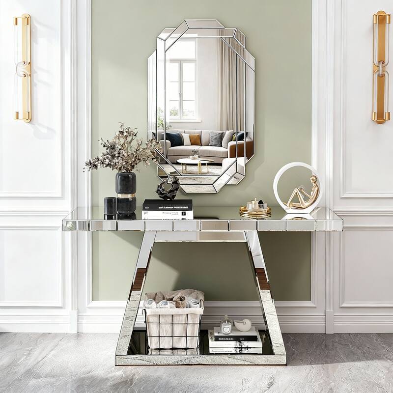 Roomfitters 55.9" Modern Luxe Mirrored Console Table, Trapezoid Base Entryway Table with 360° Reflective Glass, Silver
