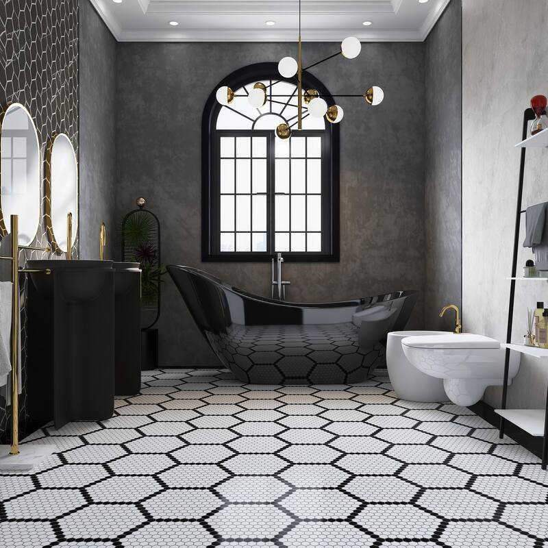 Merola Tile Metro Geo 1" Hex Matte White w/Black Edge 10-1/2" x 11-5/8" Porcelain Floor and Wall Tile