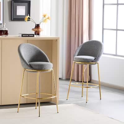 Boucle Fabric Bar Stools Set of 2, Ergonomic Upholstered Kitchen Island Stools, Accent Chair with Footrest & Backrest