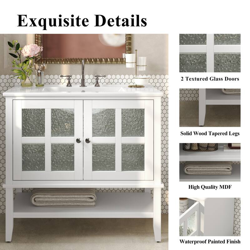 36" Storage Cabinet for Bathroom Vanity with Sink, Textured Glass Doors, Open Shelf, Silver Metal Knobs and Adjustable Shelf