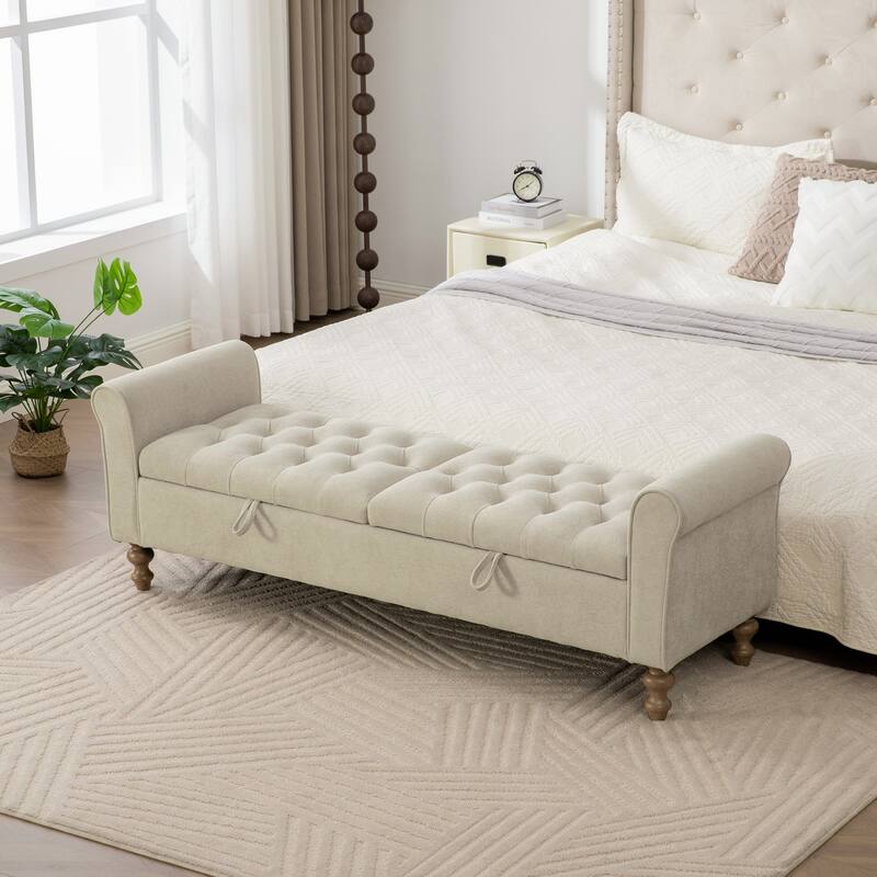 End of Bed Bench Griege Storage Bench with Armrests, Rustic Upholstered Bench Indoor Bench Window Bench