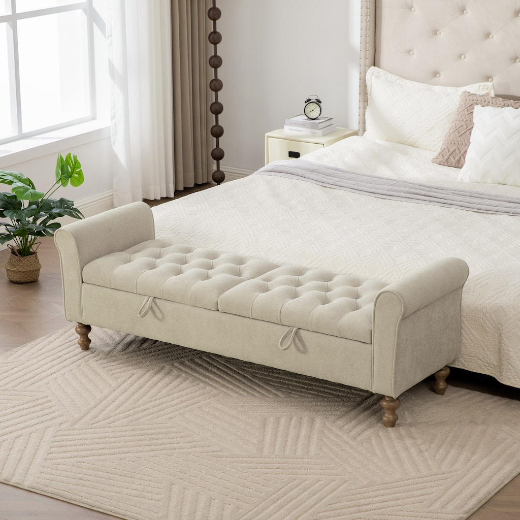 Modern Upholstered Storage Bench With Double Lids