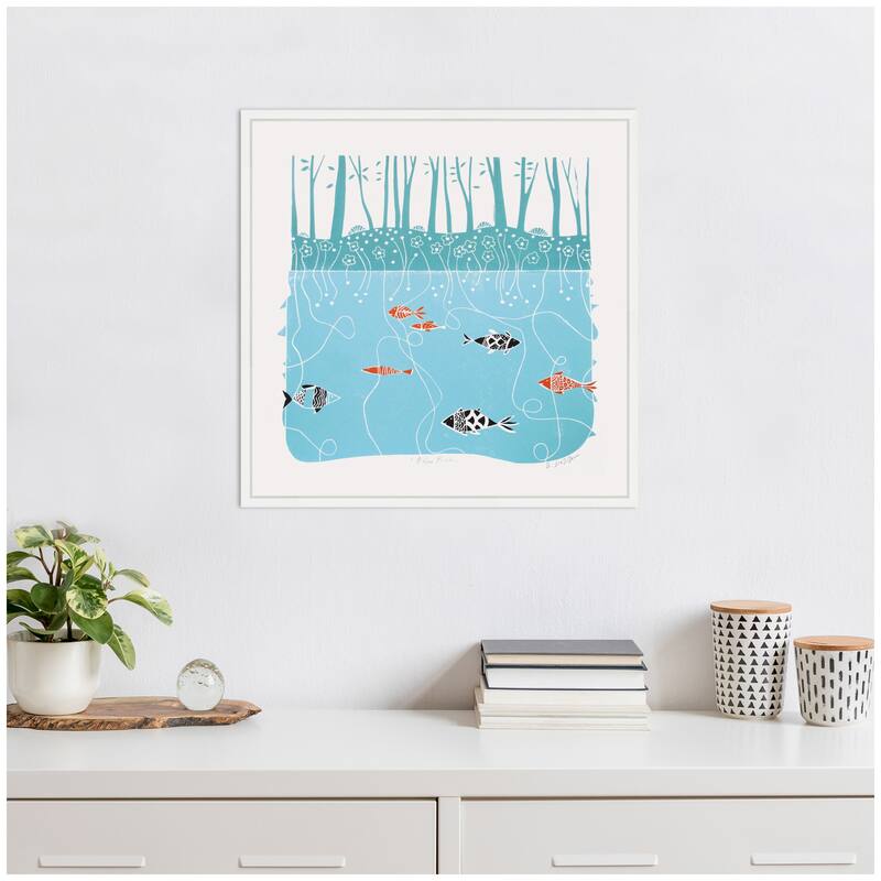 Kate and Laurel Sylvie Coastal Blue River Linocut Framed Canvas by Giuliana Lazzerini