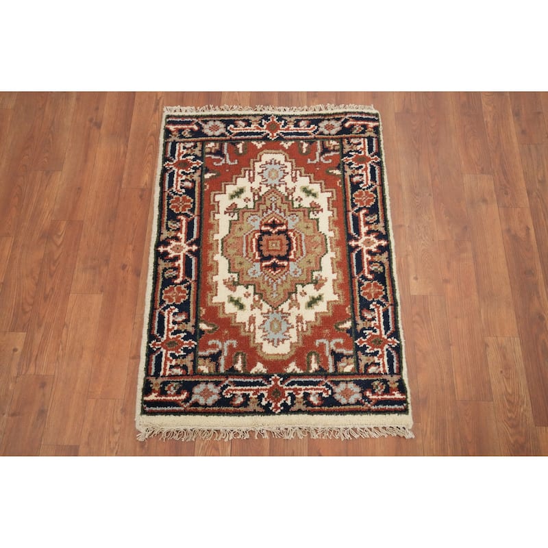 Hand Knotted Oriental 100% Wool Carpet Traditional Medallion Beige & Ivories Heriz (serapi) Area Rug - 3' 0'' X 2' 0''