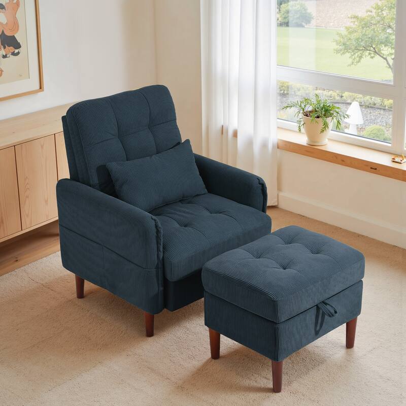 Adjustable Backrest Upholstered Accent Chair with Storage Ottoman Set