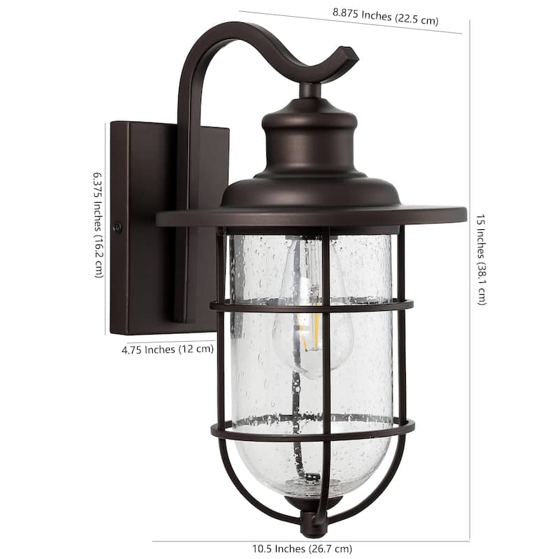 Marais 10.5" 1-Light Iron/Seeded Glass Rustic Industrial Cage LED Outdoor Lantern, Oil Rubbed Bronze by JONATHAN Y
