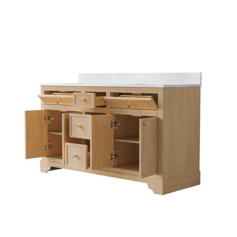 35''H Bath Solid Wood Vanity with Stain-resistant Carrera White Quartz Top And Single Sink