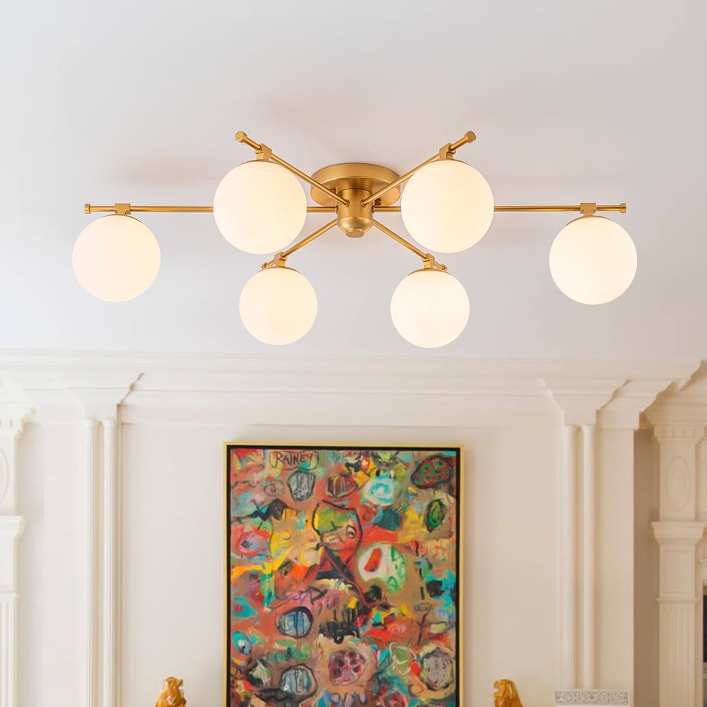 Mid-Century 6-Light Opal Glass Linear Sputnik Ceiling Light 35.4in
