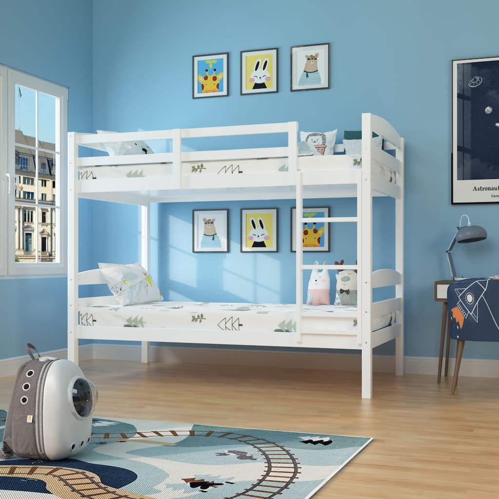 Modern White Solid Wood Twin Over Twin Bunk Bed with Ladder