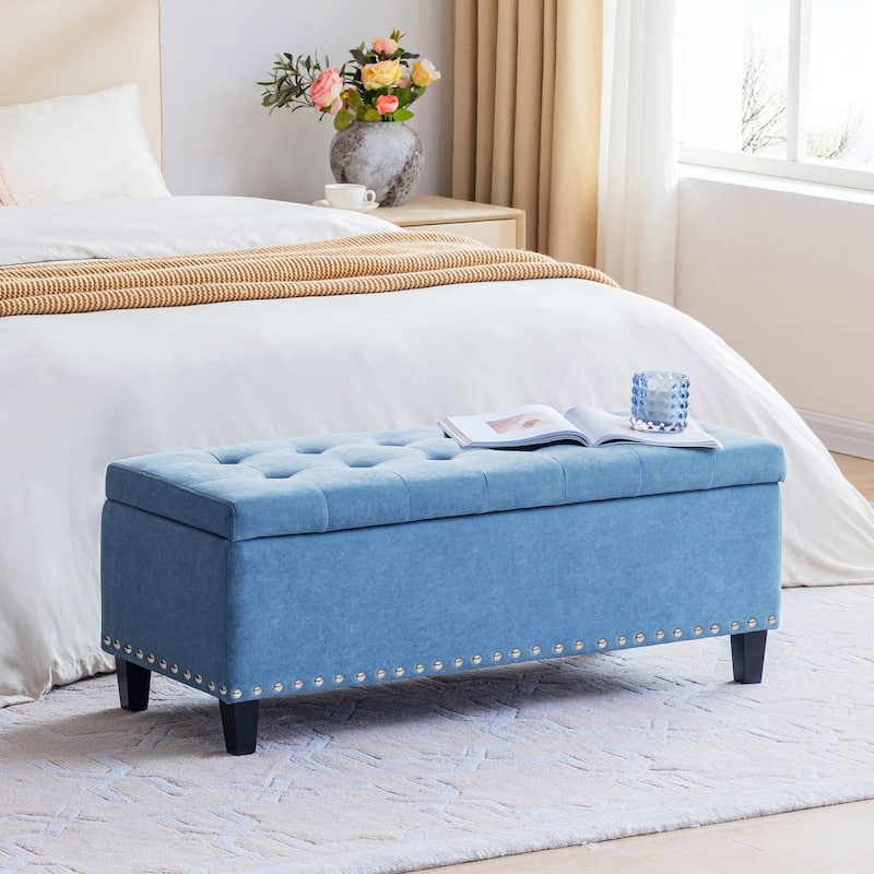 Button-Tufted Storage Ottoman Bench for Bedroom, Living Room 41"W x 16"D x 16"H - Light blue
