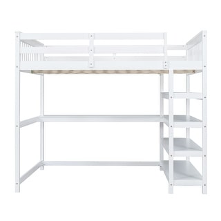 Solid Wood White Full Size Loft Bed Frame, Bedroom Loftbed with Under-bed Desk and Storage Shelves, No Box Spring Needed