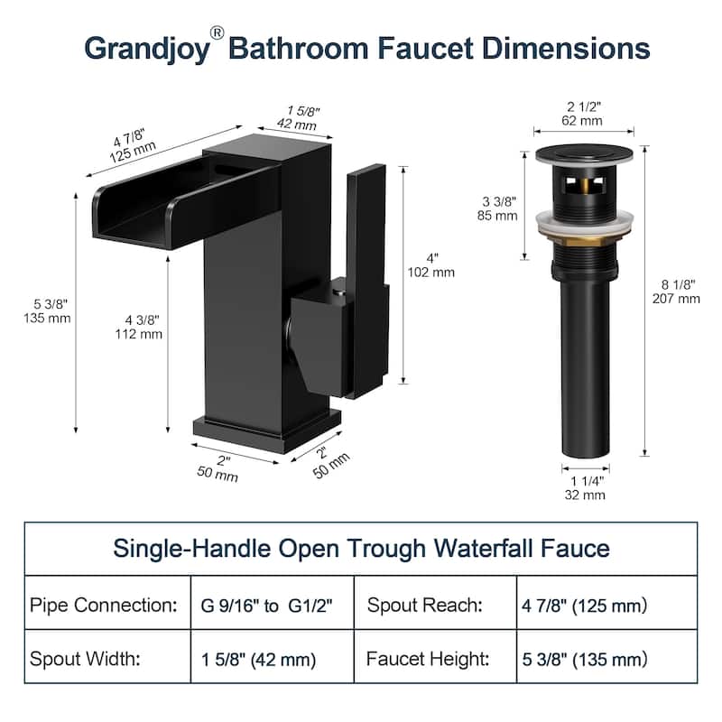 GRANDJOY LED Waterfall Bathroom Sink Faucet with Drain Assembly, Single Handle Vanity Fixture