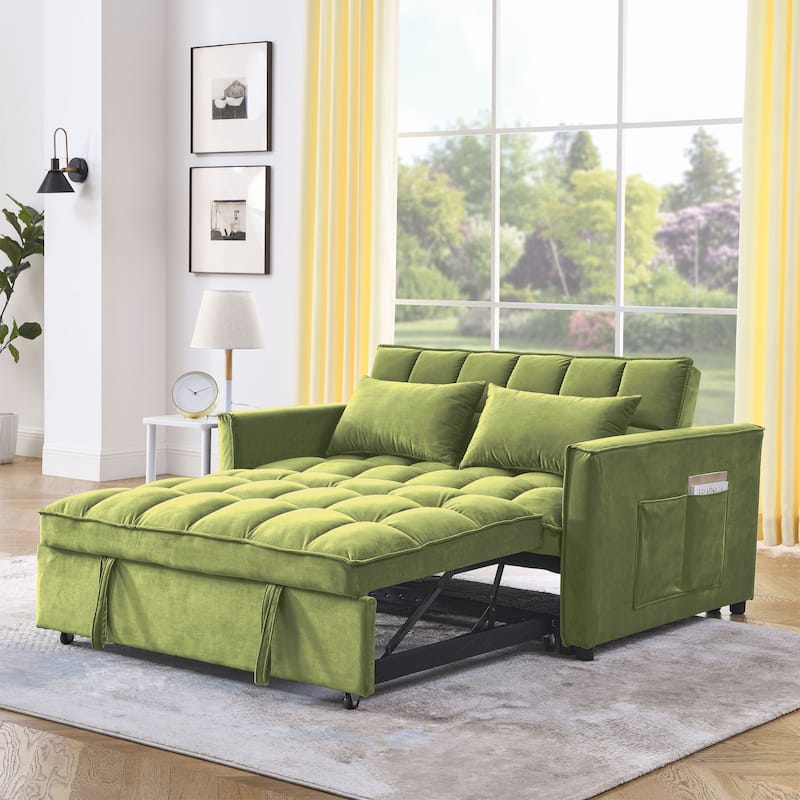 Velvet Sofa Bed, Convertible Pull-Out Couch Loveseat with 3-Level Adjustable Backrest, Sleeper Sofa with Side Pockets