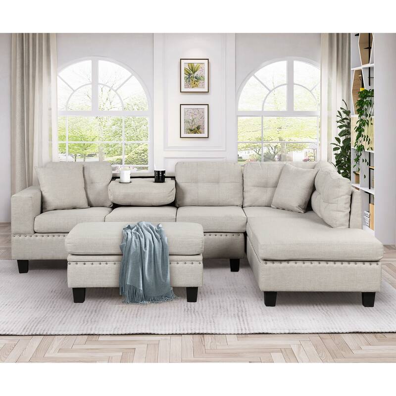 105.1" Velvet L-Shaped Sectional Sofa with Ottoman & Cup Holders