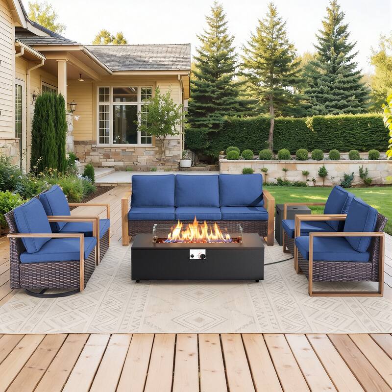 Meyreso Wicker Outdoor Patio Fire Pit Set with Swivel Gliders and 4.5-Inch Olefin Cushions