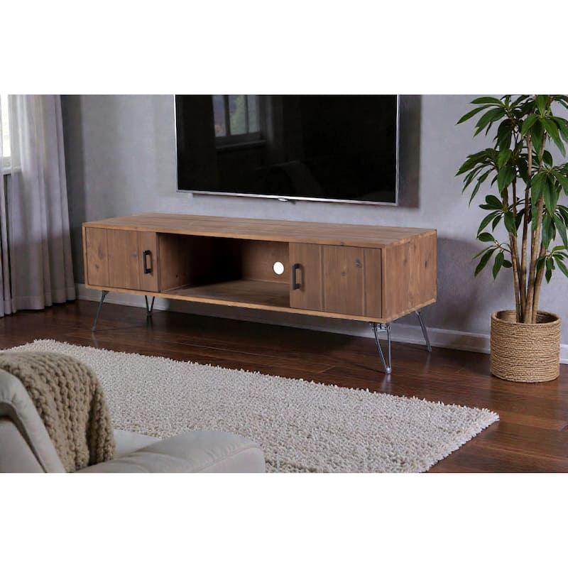 60" Industrial Reclaimed Wood TV Stand, Solid Wood Media Console with 2 Storage Cabinets for Living Room