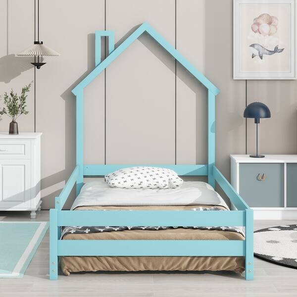 slide 2 of 9, Twin Size Montessori Floor Bed with Fences, Modern Twin Kids Bed with House-shaped Headboard, Wood Twin Bed Frame for Girls,Boys Light Blue - Twin