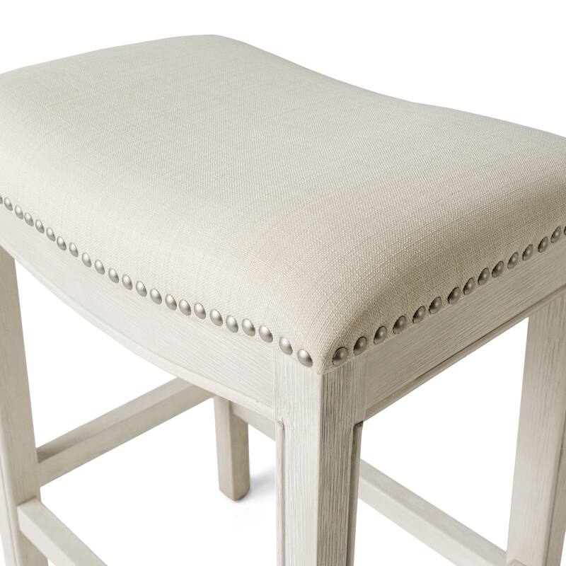 HomeRoots 26" Bone and Antiqued White Fabric and Solid Wood Backless Counter Height Bar Chair