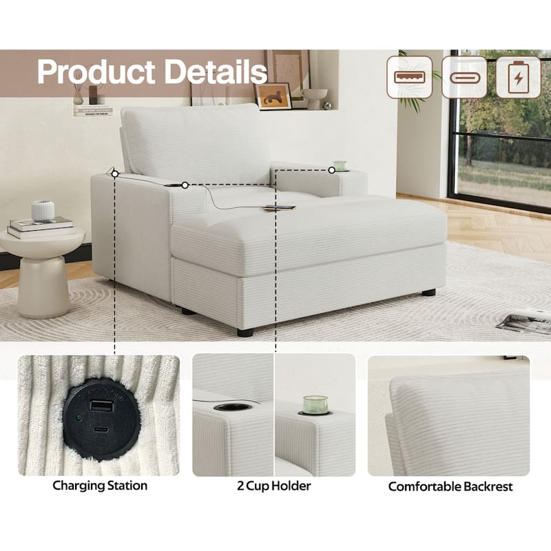 Roomfitters Oversized Chaise Lounge Chair with Storage Ottoman and Built-in USB Charging Port, Corduroy Sleeper Couch