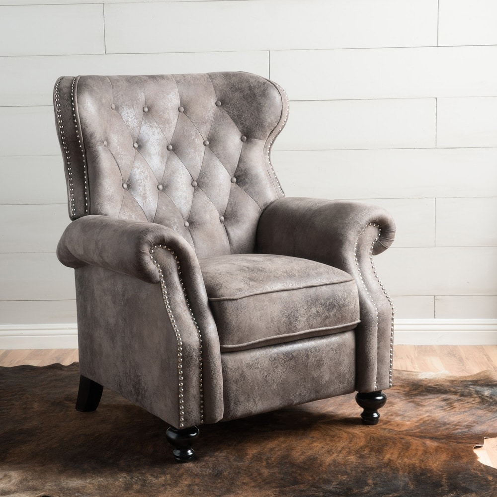 Upholstered Push Back Recliner Chair with Rivet Trim & Wooden Legs, Mid-Century Rolled Arms Lounge Sofa Chair for Living Room