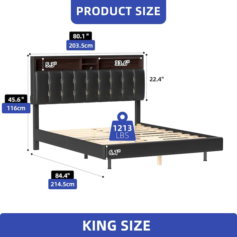 Moasis King Black Floating Bed Frame Upholstered Platform Bed with RGB LED Lighting