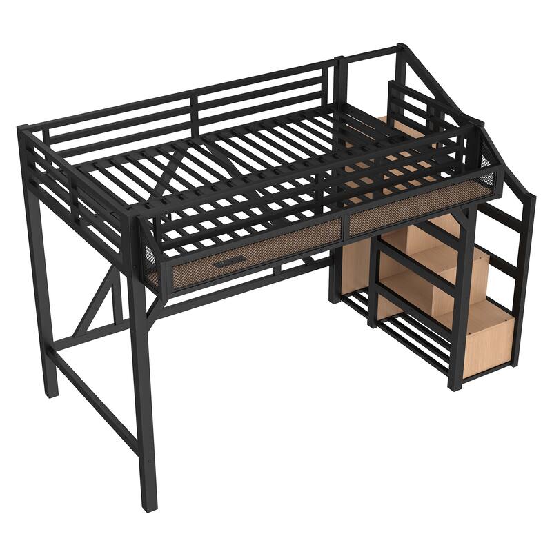 Noise-reduced Design Metal Loft Bed Frame with Storage Stairs, Shelves, Built-in Wardrobe, Light Strip and Charging Station