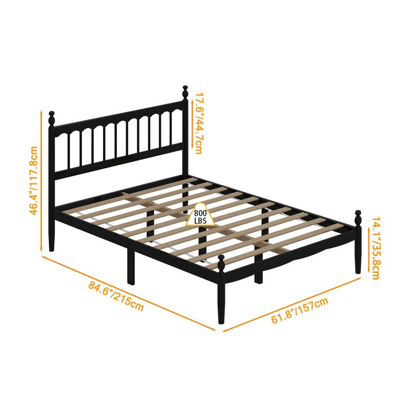 Solid Wood Bed Frame: Classic American - style Design with Black Finish and Rounded Post - tops