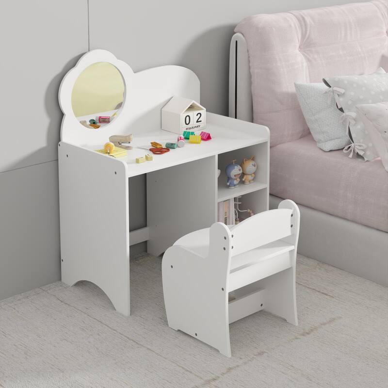Anmytek Kids Wooden Vanity Table with Mirror and Chair Storage Shelves Multifunctional Study Activity Table