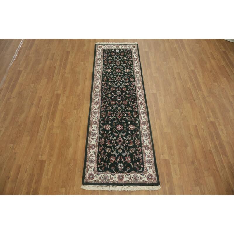 Hand Knotted Oriental 100% Wool Carpet Traditional All-Over Green Kashan Runner Rug - 8' 1'' X 2' 6''