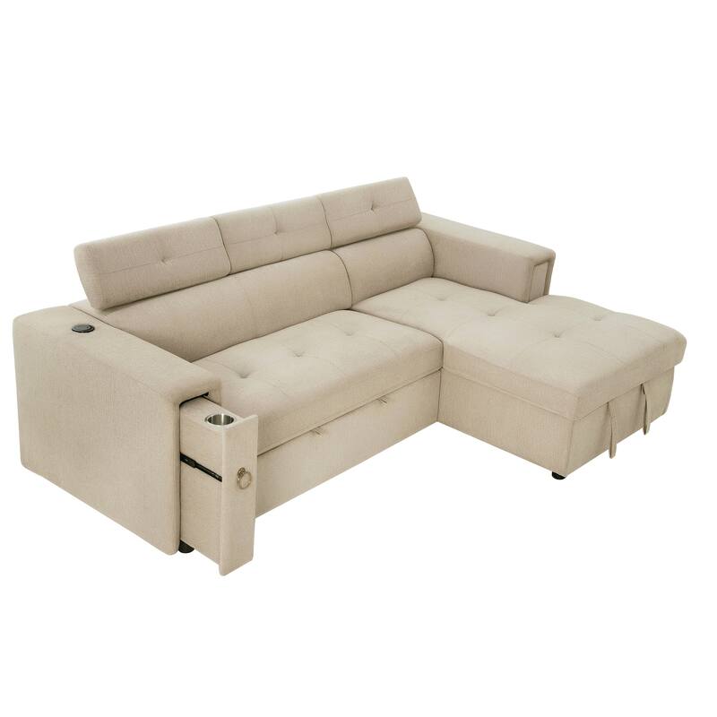 96" Multi-Functional L-Shape Pull-Out Sofa Bed, Beige Linen