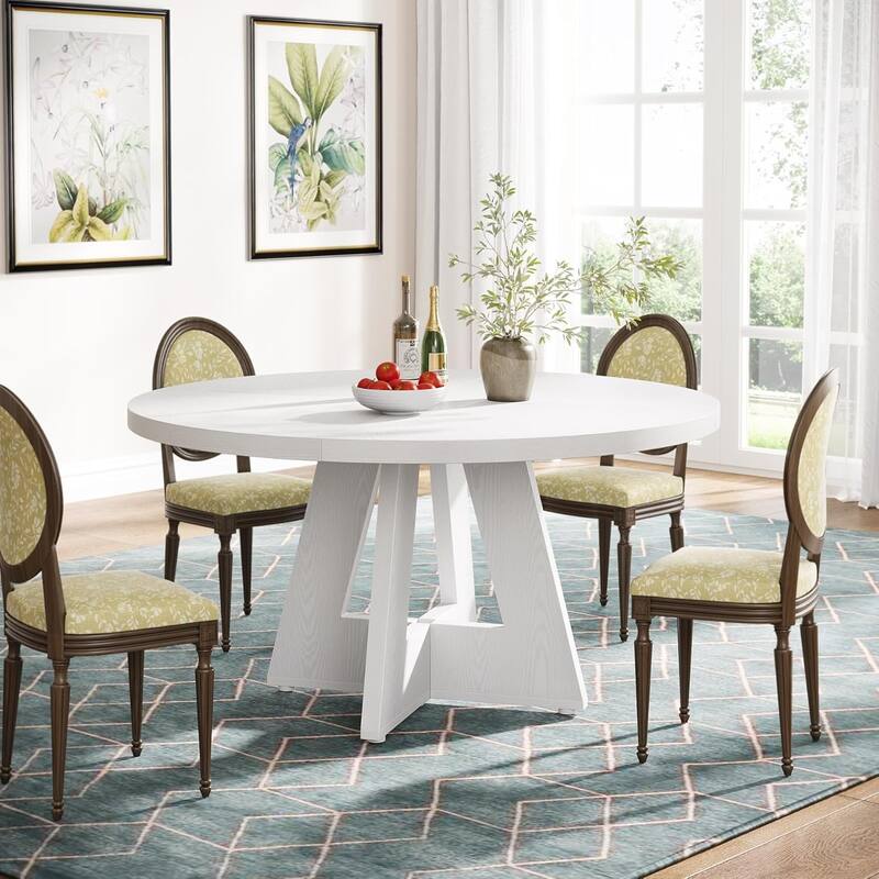 47" Round Wood Dining Table 4-Seater Farmhouse with Wooden Tabletop Cross Base for Dining Room/Kitchen - White