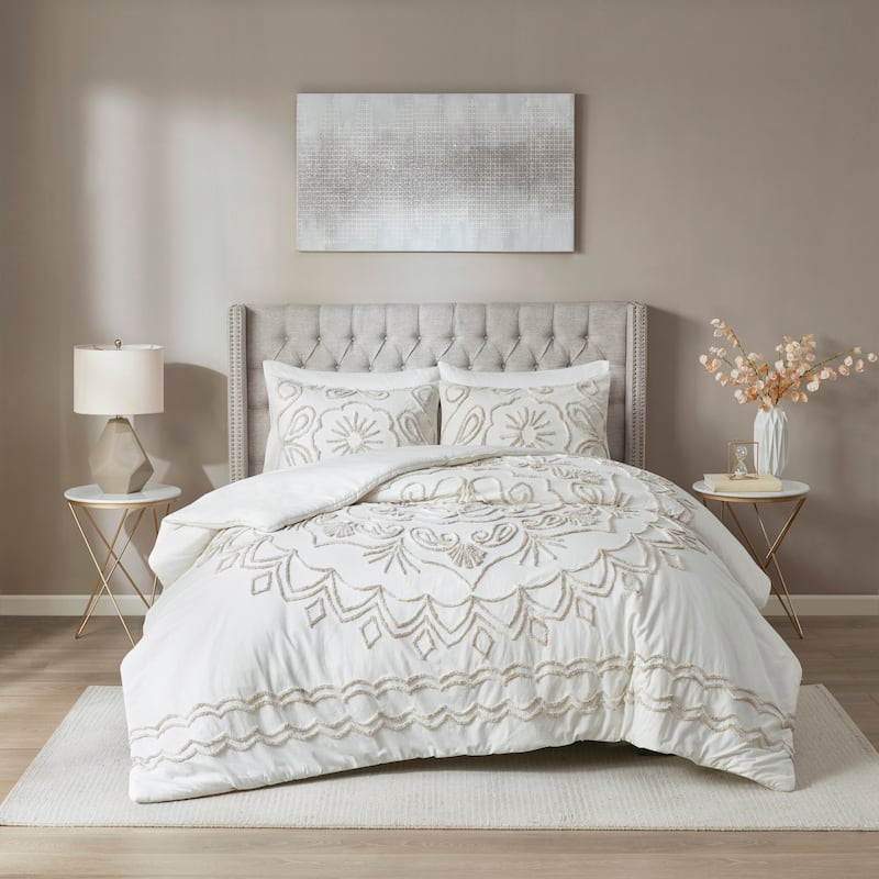 Madison Park Juliana Ivory/ Taupe Tufted Cotton Chenille Duvet Cover Set