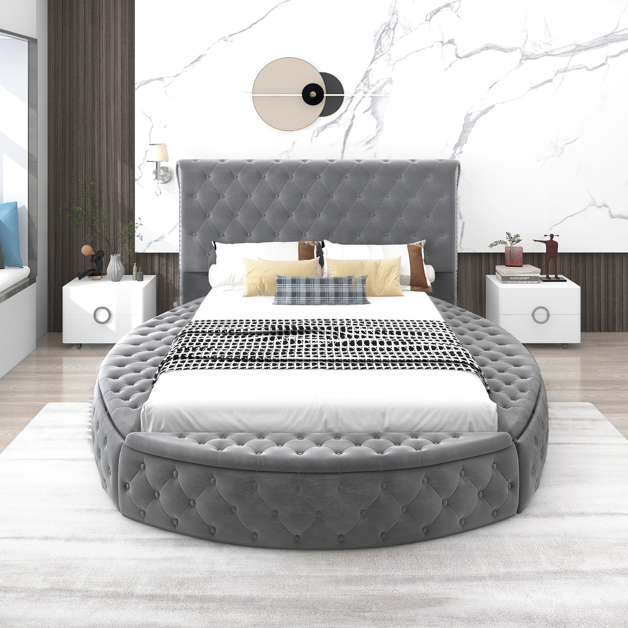 Round Shape Upholstery Tufted Platform Bed