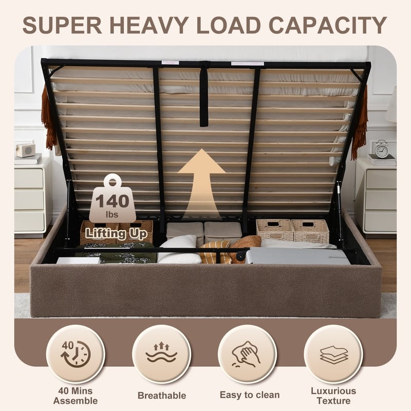 Modern Upholstered Lift-Up Storage Platform Bed with Headboard