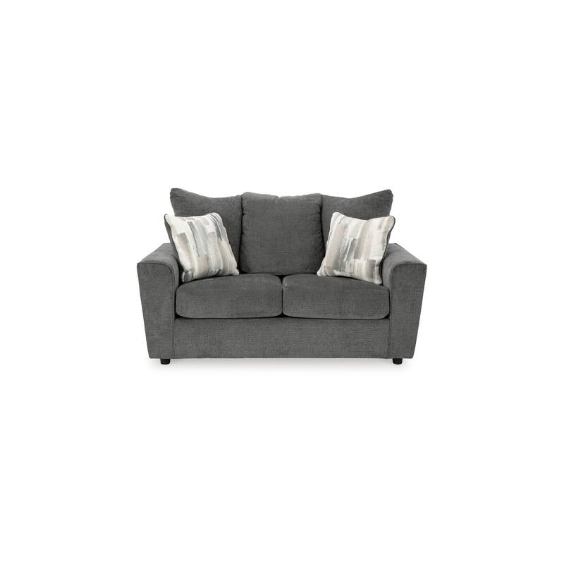 Ratty Loveseat, 63 Inch Gray Polyester, Welt Trims, 2 Throw Pillows