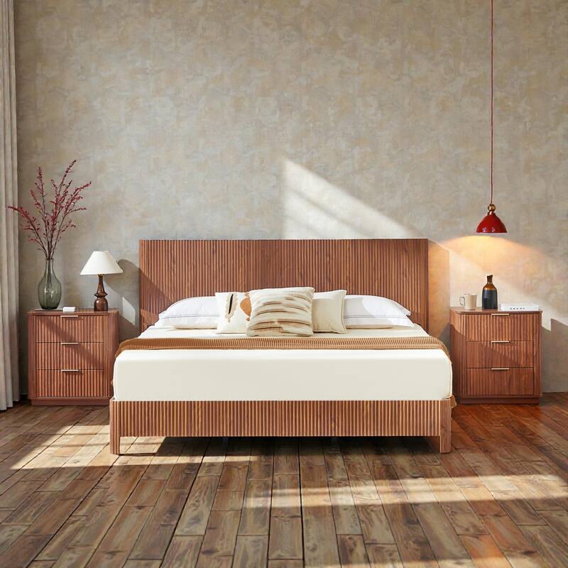 Wood Bed Frame with Corrugated Curved Wood Panels, Heavy Duty Metal Support, No Box Spring Needed