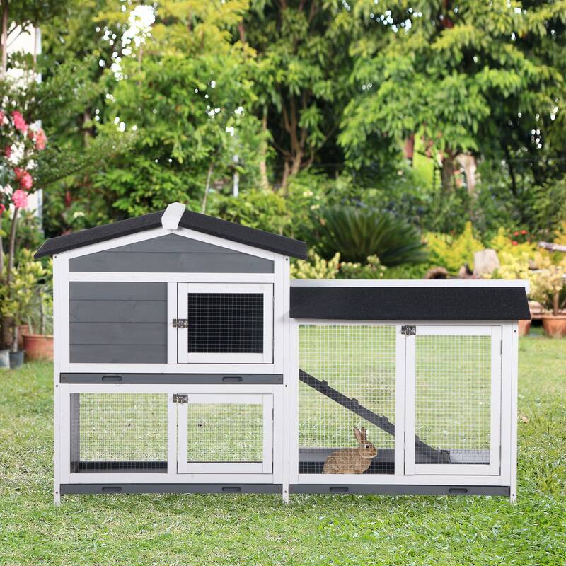 Grey-White Large Wooden Bunny Hutch with Ramp Run Box and Black Weather-Resistant Roof - 62" L x 20.75" W x 36.75" H