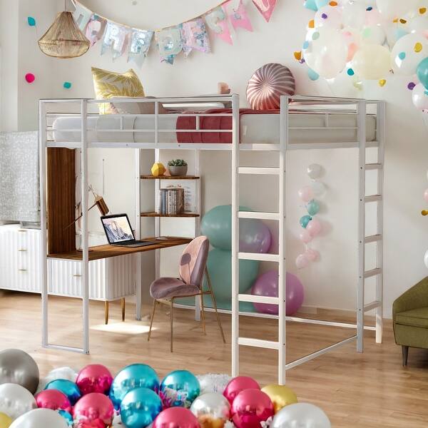 slide 2 of 15, Full Size Metal Loft Bed With 2 Shelves and one Desk for Home White